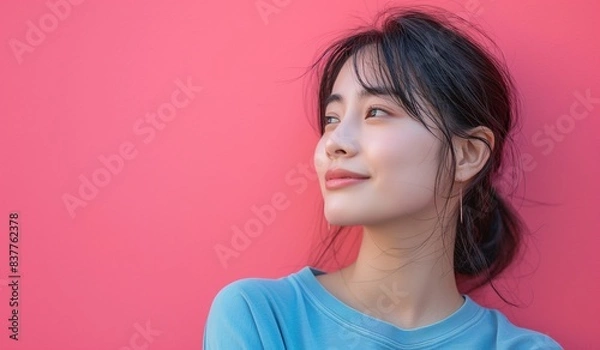 Fototapeta A young Japanese woman, 19 years old, with a big smile looking diagonally into the distance, embodying the excitement and optimism of starting university and the beginning of her academic journey.