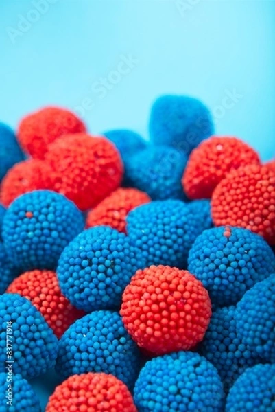 Fototapeta Red and blue berry flavored soft jelly candy with space for text