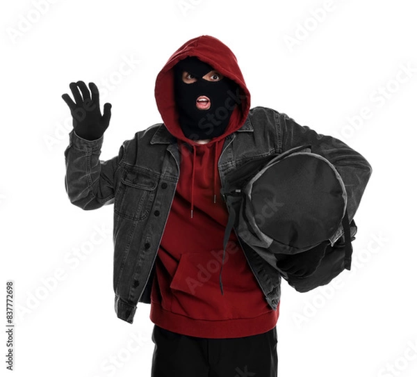Fototapeta Emotional thief in balaclava with bag on white background