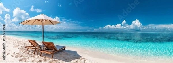 Fototapeta Luxurious Beach Getaway on Serene White Sand Beach, Unwind Under Umbrella