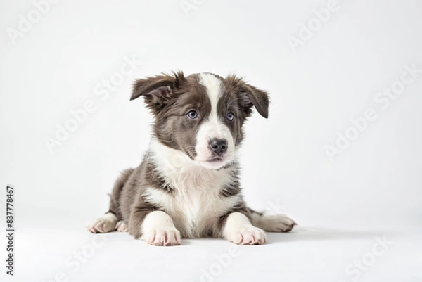 Fototapeta Adorable Border Collie Puppy Lying on White Background