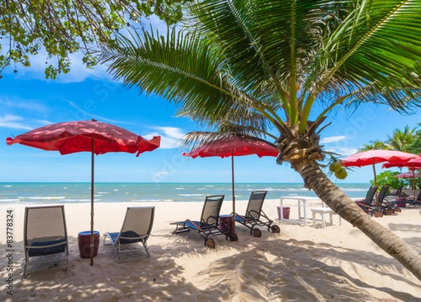 Obraz turquoise sea, deckchairs, white sand and palms, sun