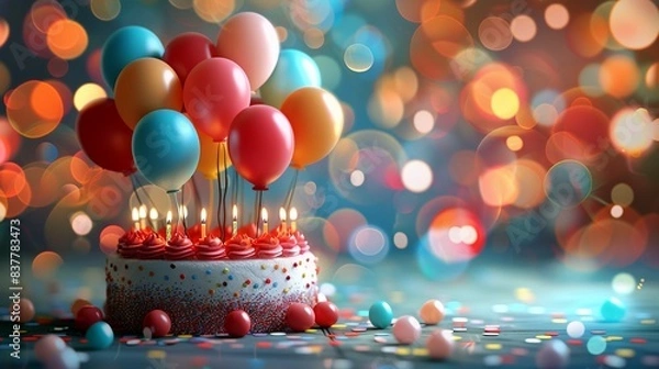 Fototapeta Colorful birthday cake with candles and balloons on a festive background, perfect for celebrations and party themes.