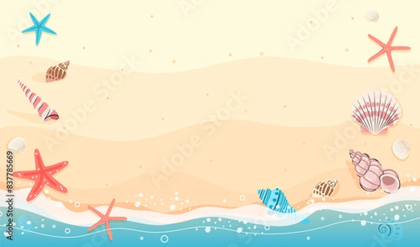 Obraz Beautiful sandy beach and seashells with copy space vector illustration. Summer beach background