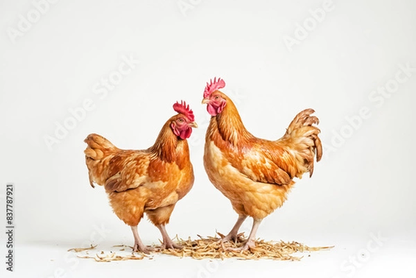Obraz Two chickens standing on a white background