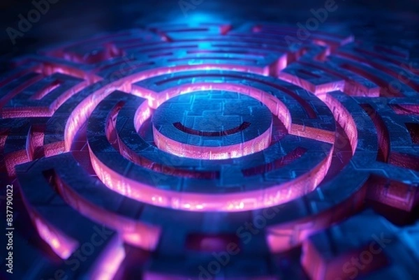 Fototapeta Close-up of an illuminated, glowing maze with pink and blue neon lights, creating a futuristic and abstract visual effect.