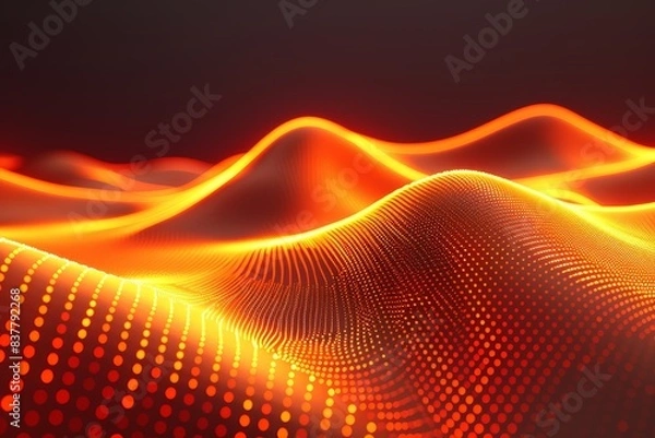Obraz Vibrant abstract representation of red and orange waves composed of digital dots, creating a futuristic and dynamic visual effect.