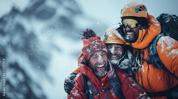 Fototapeta Three climbers hug in celebration after reaching a summit in a snowy mountain range