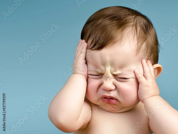 Obraz baby crying, upset, annoying, mad, baby feel emotional, sad, cry, baby doesn't want to hear, don't want to hear, noisy