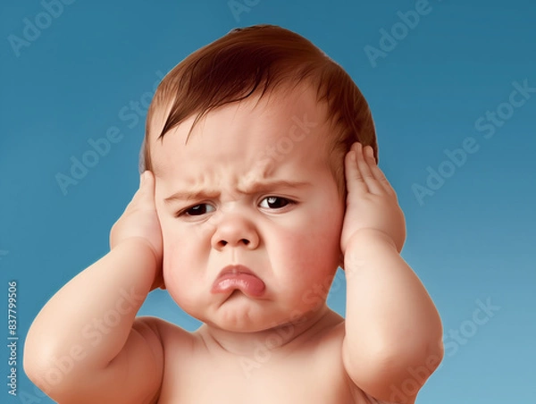 Obraz baby crying, upset, annoying, mad, baby feel emotional, sad, cry, baby doesn't want to hear, don't want to hear, noisy
