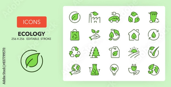 Fototapeta Line icons about ecology. Contains such icons as recycle, eco label, bio fuel and more. 256x256 Pixel Perfect editable in two colors