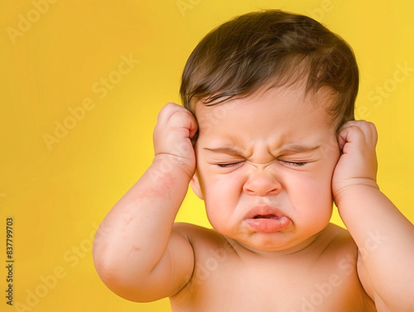 Obraz baby crying, upset, annoying, mad, baby feel emotional, sad, cry, baby doesn't want to hear, don't want to hear, noisy