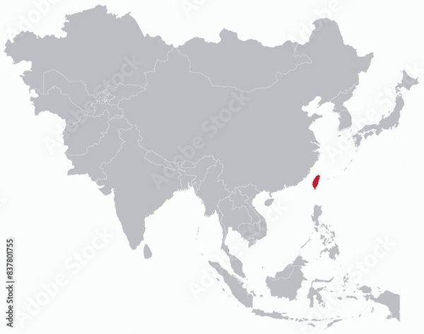 Obraz Highlighted red map of TAIWAN inside grey detailed blank political map of Asia on light blue background, without the Middle East and Russia