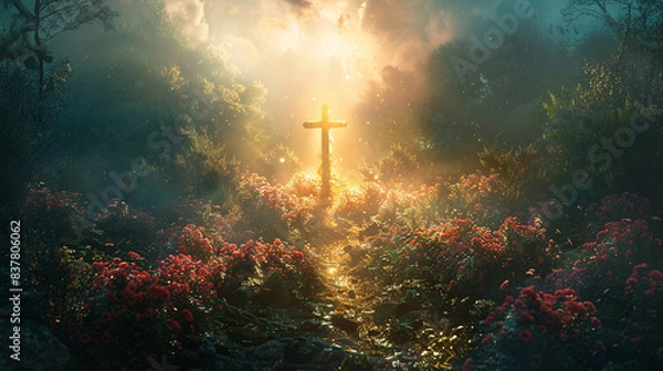 Fototapeta Conceptual art of a divine garden with a cross at its center, symbolizing faith and the path to salvation