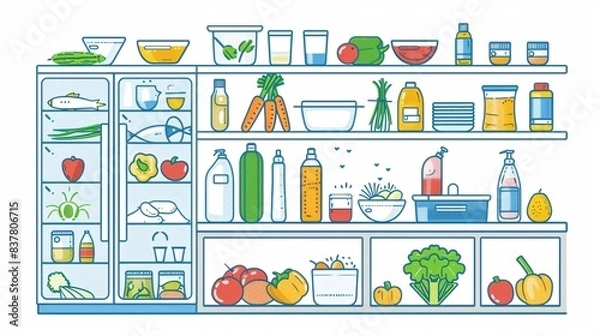 Fototapeta A detailed 2D outline graphic of a safe food handling process, illustrating steps such as washing hands, cleaning vegetables, and proper storage in a refrigerator