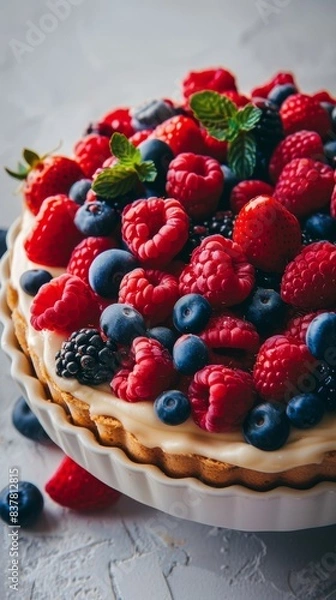 Fototapeta A delectable pie covered with a variety of berries, including blueberries, placed on a table