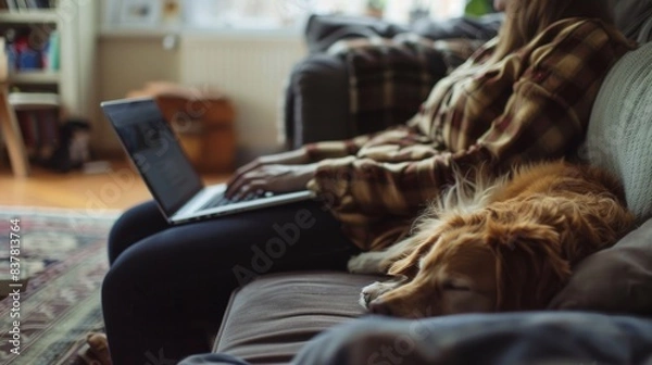 Fototapeta Woman Working on Laptop at Home with Dog Sleeping on Couch - Cozy and Relaxed Living Room Scene