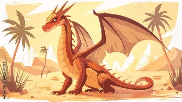 Fototapeta Fantasy dragon desert flat design front view cursed sands cartoon drawing analogous color scheme