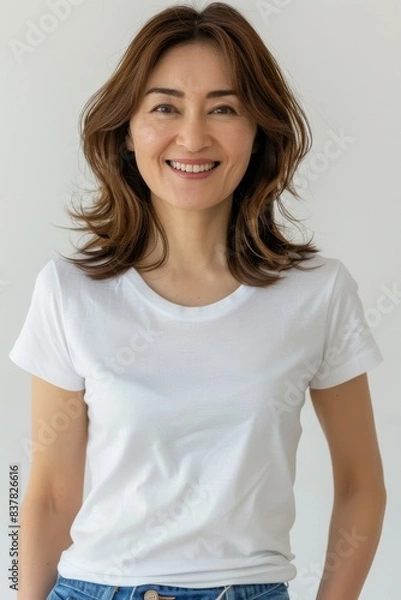 Fototapeta 白いシャツを着ている中年の日本人の女性（アジア人・ファッションモデル・正面・モックアップ）	
