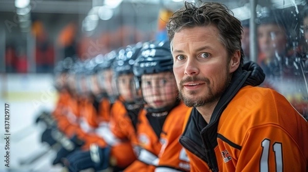 Fototapeta Ice hockey coach and team on bench during game.