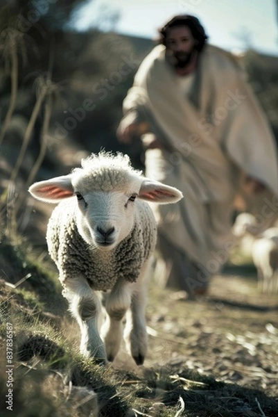 Fototapeta In front of the camera is a lost lamb, and behind it is Jesus chasing after him