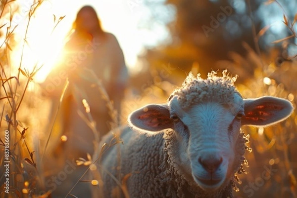 Fototapeta In front of the camera is a lost lamb, and behind it is Jesus chasing after him
