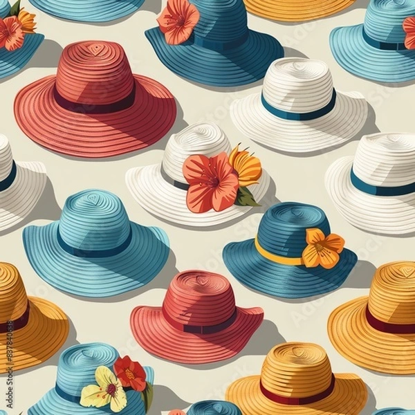 Obraz Colorful summer hats pattern featuring various designs with decorative flowers. Perfect for fashion, summer, and textile themes.