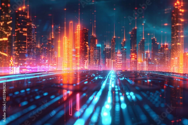 Fototapeta A digital futuristic city in the background with glowing lines in the foreground 