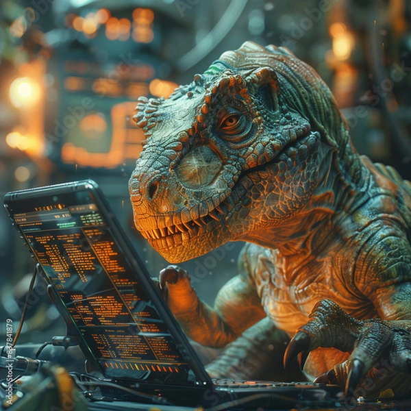 Fototapeta A dinosaur intently interacting with a computer screen, blending prehistoric elements with modern technology in a vibrant, futuristic setting