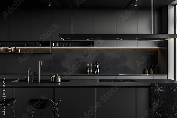 Obraz sleek black kitchen design exudes minimalistic sophistication and elegance. generative ai