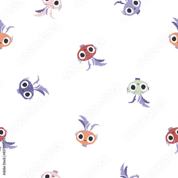 Fototapeta Cute vegetables seamless pattern. Vector cartoon childich background with smiling vege characters. Colorfull kohlrabi on a white background.