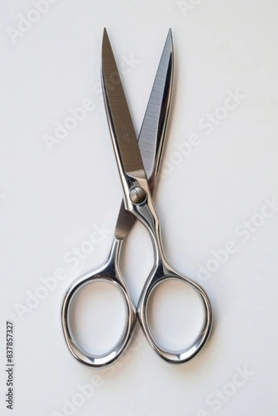 Fototapeta A pair of stainless steel scissors isolated on a white background, perfect for crafting and DIY projects