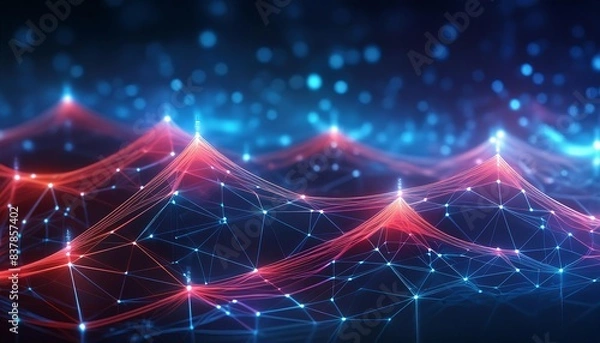 Fototapeta A futuristic network visual with flowing red and blue data streams intersecting over a dark background. This image conveys themes of advanced technology, connectivity, and digital innovation.