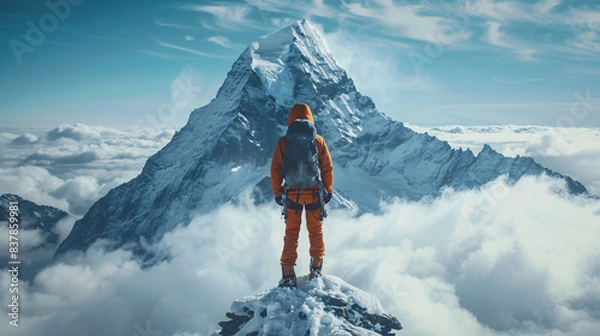 Obraz Inspirational text with a climber on a mountain peak, representing the concept of reaching new heights