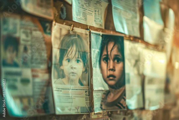 Fototapeta Closeup images of missing childrens posters are displayed on a notice board, emphasizing the urgency and emotional impact of finding lost loved ones