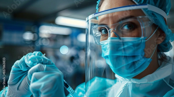 Fototapeta Medical professional in a protective suit preparing a COVID-19 vaccine, showcasing safety and care