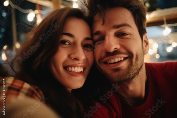 Fototapeta cheerful couple smiling at camera as if they are taking a selfie with smart phone