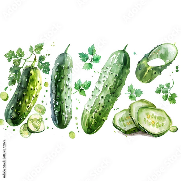 Fototapeta Set Cucumber on a white background watercolor hand drawing