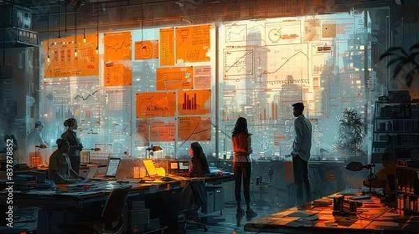 Fototapeta A diverse group of business professionals in a office, engaged in a strategic brainstorming session, with whiteboards full of charts and post-it notes, a city skyline visible through large windows.