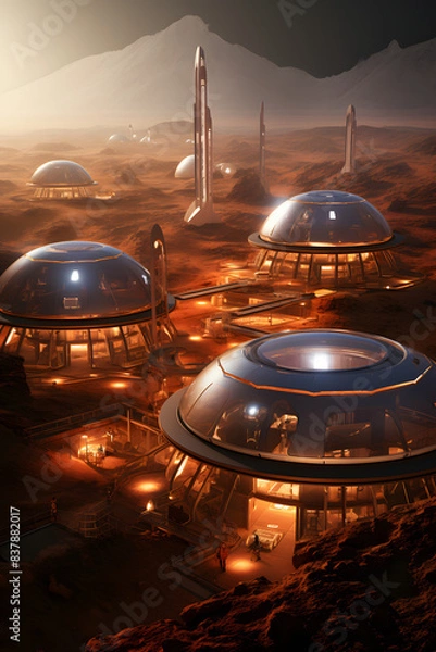 Fototapeta A Futuristic City In The Mars  With A Desert Like Landscape.