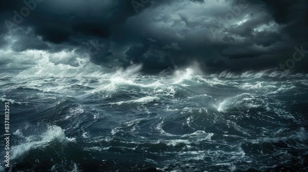 Fototapeta the dark stormy sea, showcasing rough waves crashing in the foreground, while leaving a vast ocean background with ample space for text.