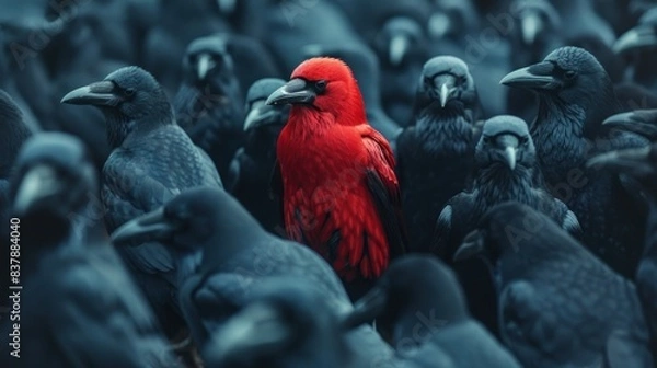 Fototapeta A red crow among a flock of black crows