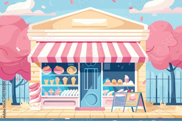 Fototapeta Charming bakery shop front cartoon style, pink white striped awning. Delicious pastries displayed window, cute pink candy cane decoration bakery exterior. Quaint smalltown colorful illustration