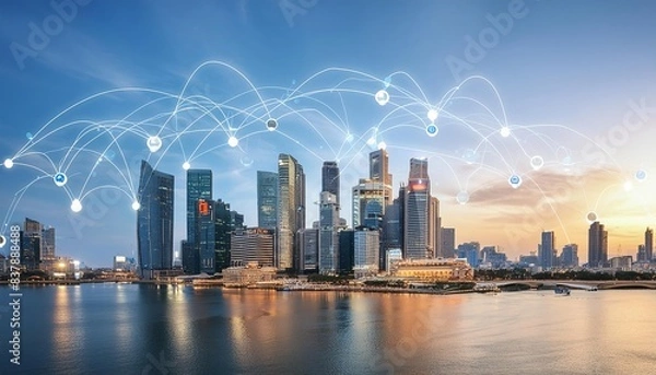 Fototapeta A futuristic cityscape with skyscrapers and waterfront, overlaid with digital network connections symbolizing smart city technology. 