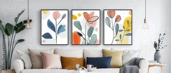 Fototapeta Trio of Framed Floral Posters: Hand-Drawn Art on White Background - Minimalistic Geometric Style with Soft, Sleek, and Stylized Colors