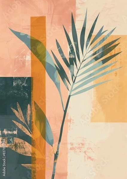 Fototapeta Boho Vector Art Wall Print: Nature Illustration with Minimalistic Colour Blocking, Arabesque Vexel Art, Pixelated Mosaic in Soft Pastel Colours