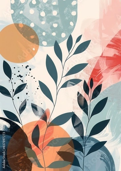 Fototapeta Calming Boho Wall Art: Minimalist Nature Illustration, Colour Blocking, Arabesque, Vexel Art, Pixelated Mosaic in Soft Pastel Tones