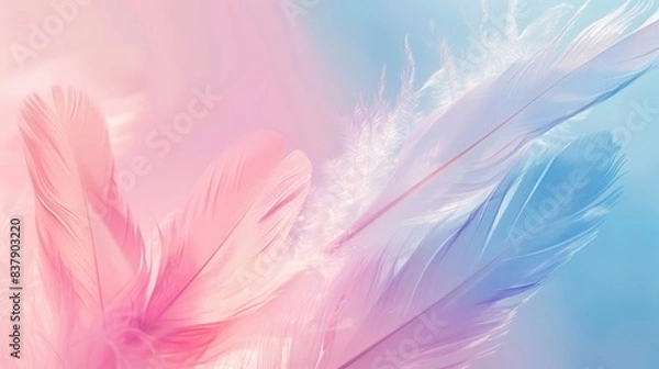 Fototapeta Soft pastel feathers in delicate shades of pink and blue, creating a dreamy and ethereal texture.