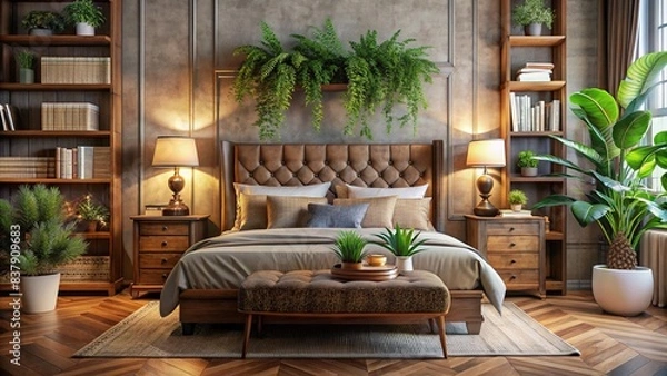 Fototapeta Inviting bedroom with plush bed, wooden bedside table stacked with books, lush potted plants, and elegant furniture adorned with intricate interior design details and soft lighting.