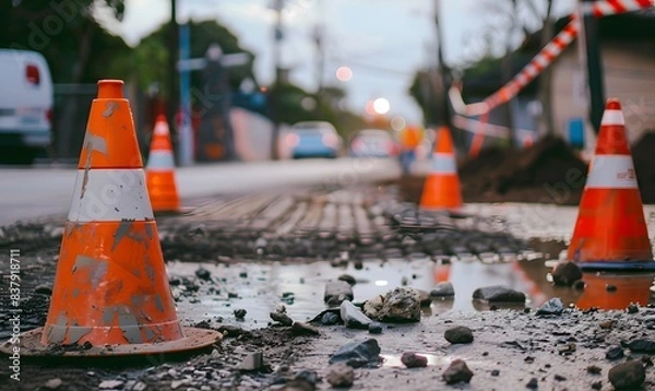 Fototapeta Construction Zone with Traffic Cone and Caution Tape, Generative AI